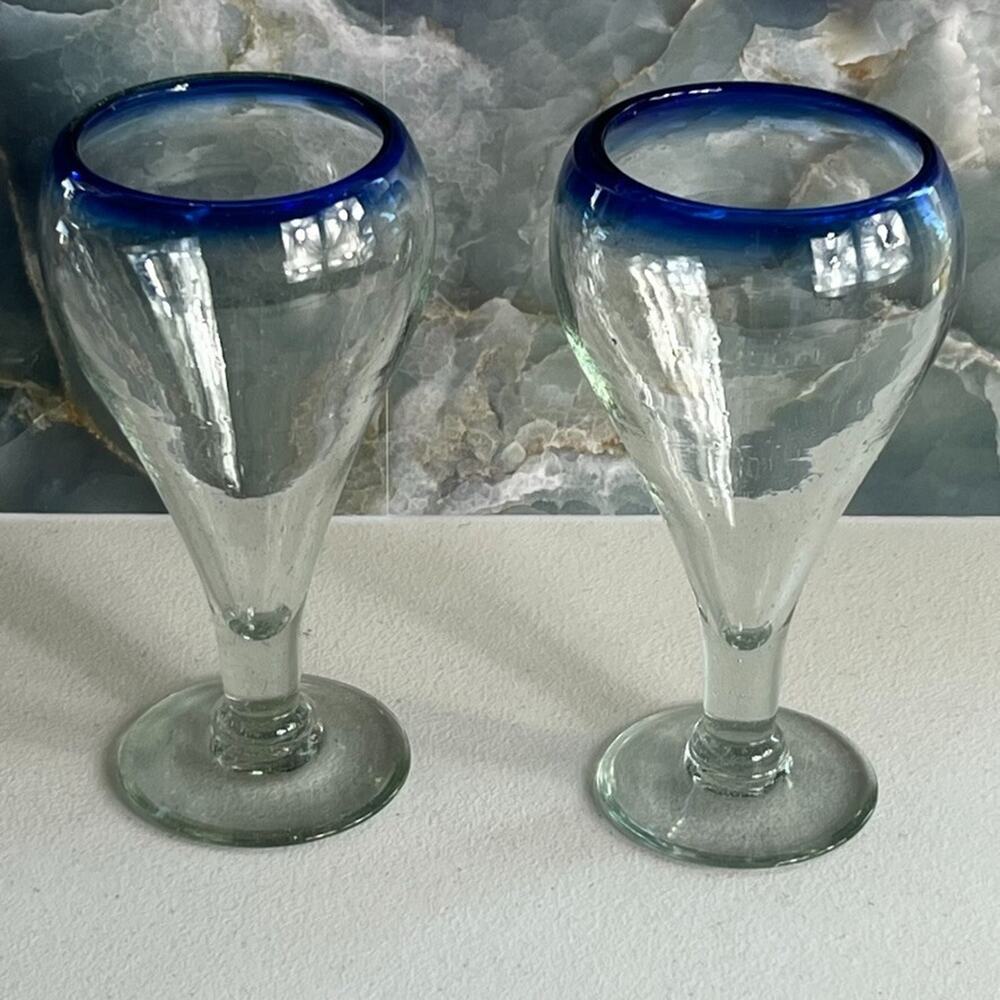 Mexican Hand Blown Cobalt Blue Rim Water Beer Pilsner Goblets 7.75” Tall
